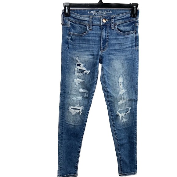 American Eagle Jeans Distressed Patched Super Stretch Denim Jeggings High Rise - Picture 1 of 13